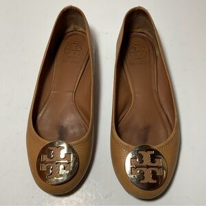 Tory Burch Leather Ballet Flats Tan Gold Logo